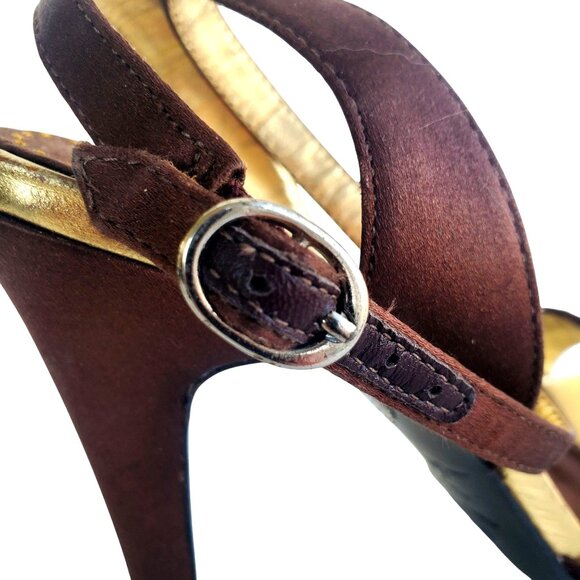 Betsey Johnson Cristie Platform Heels 7 Strappy Rhinestone Brown Gold Open Toe - Picture 11 of 13